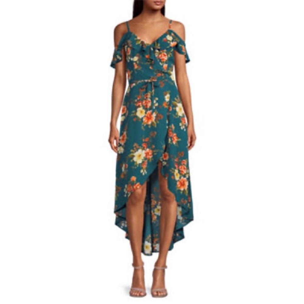 BY & BY | Hi low cold shoulder ruffle floral dress